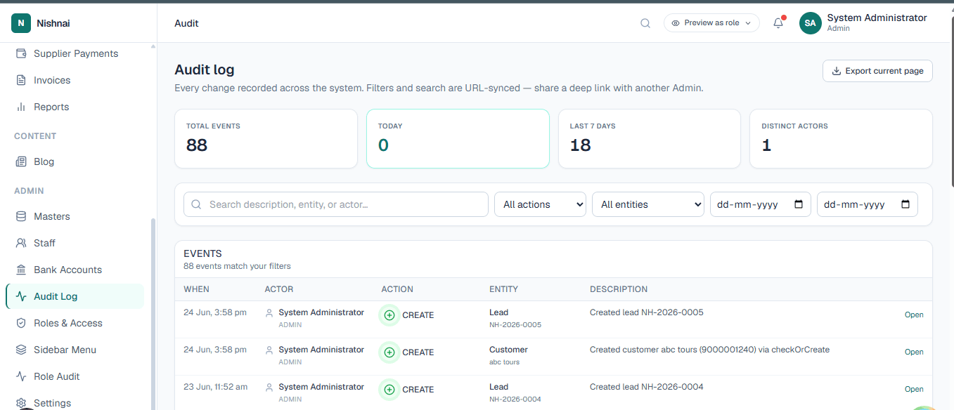 LuxuryOS Audit Log showing immutable record of user actions with timestamps