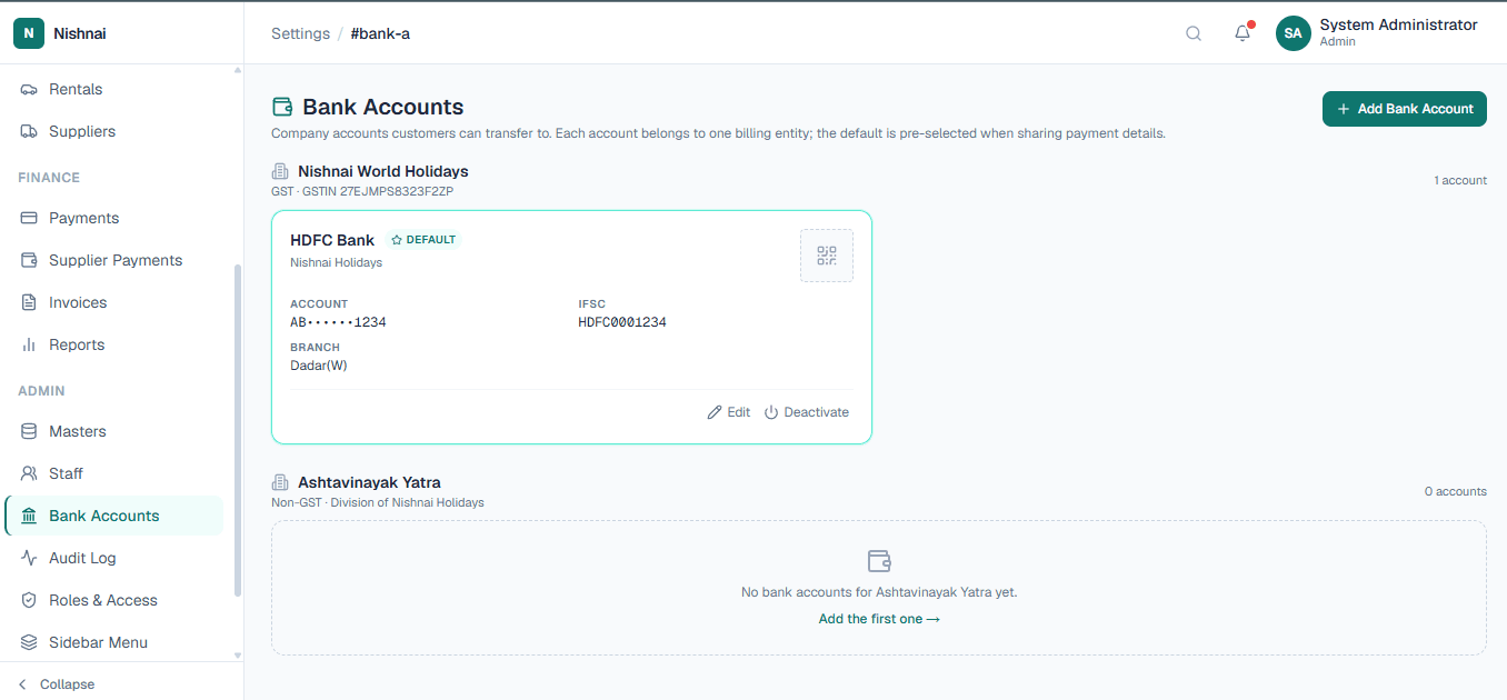 LuxuryOS Bank Accounts configuration for customer payment collection and invoicing