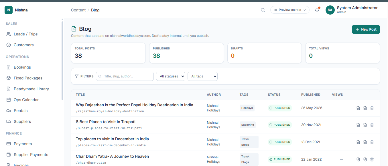 LuxuryOS Blog CMS with rich text editor for publishing destination guides and travel content