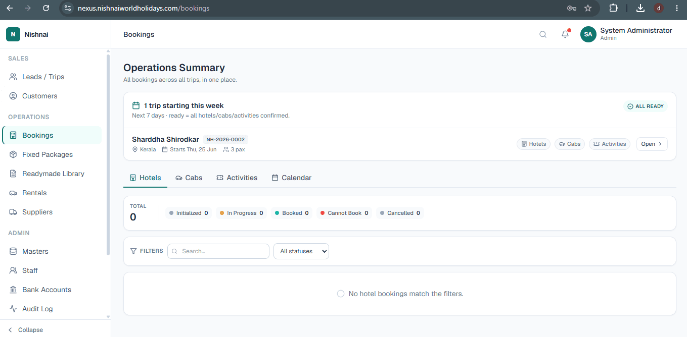 LuxuryOS Bookings operations summary with trip status and hotel cab activities tabs