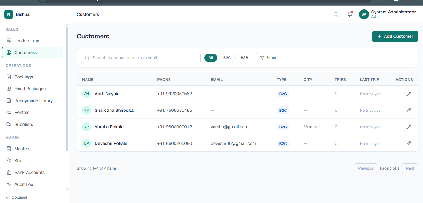 LuxuryOS Customers directory with B2C and B2B filter and customer list