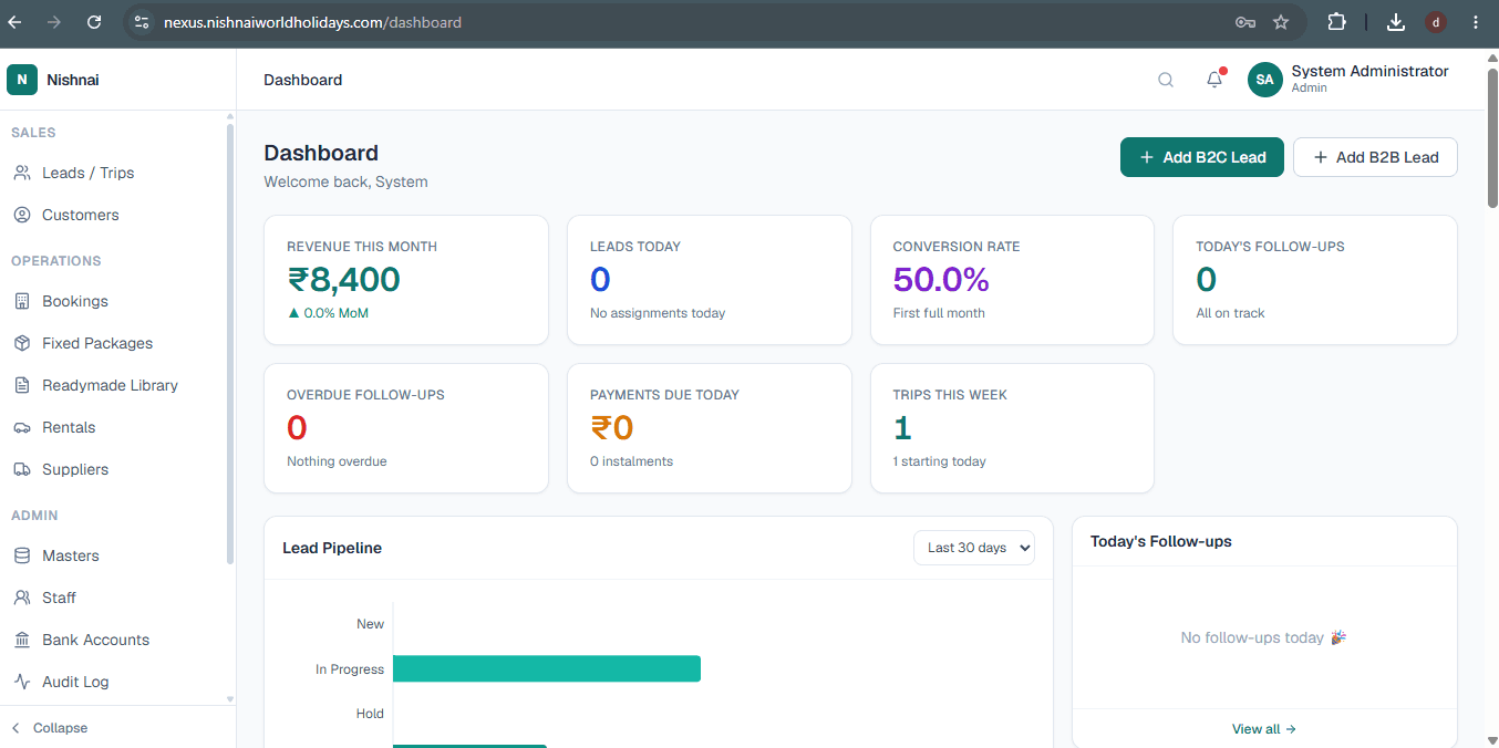 LuxuryOS Dashboard showing revenue, leads, conversion rate and lead pipeline