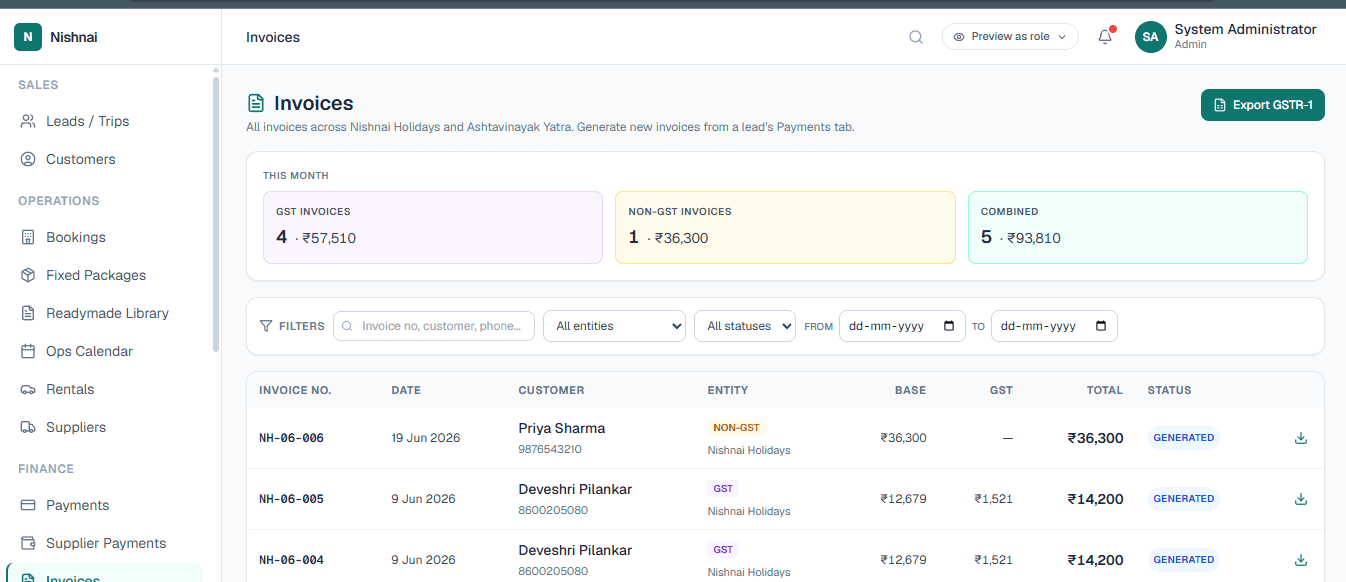 LuxuryOS Invoices showing GST and non-GST invoice list with GSTR-1 export