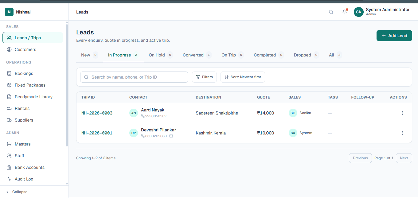 LuxuryOS Leads and Trips pipeline with status tabs and trip list