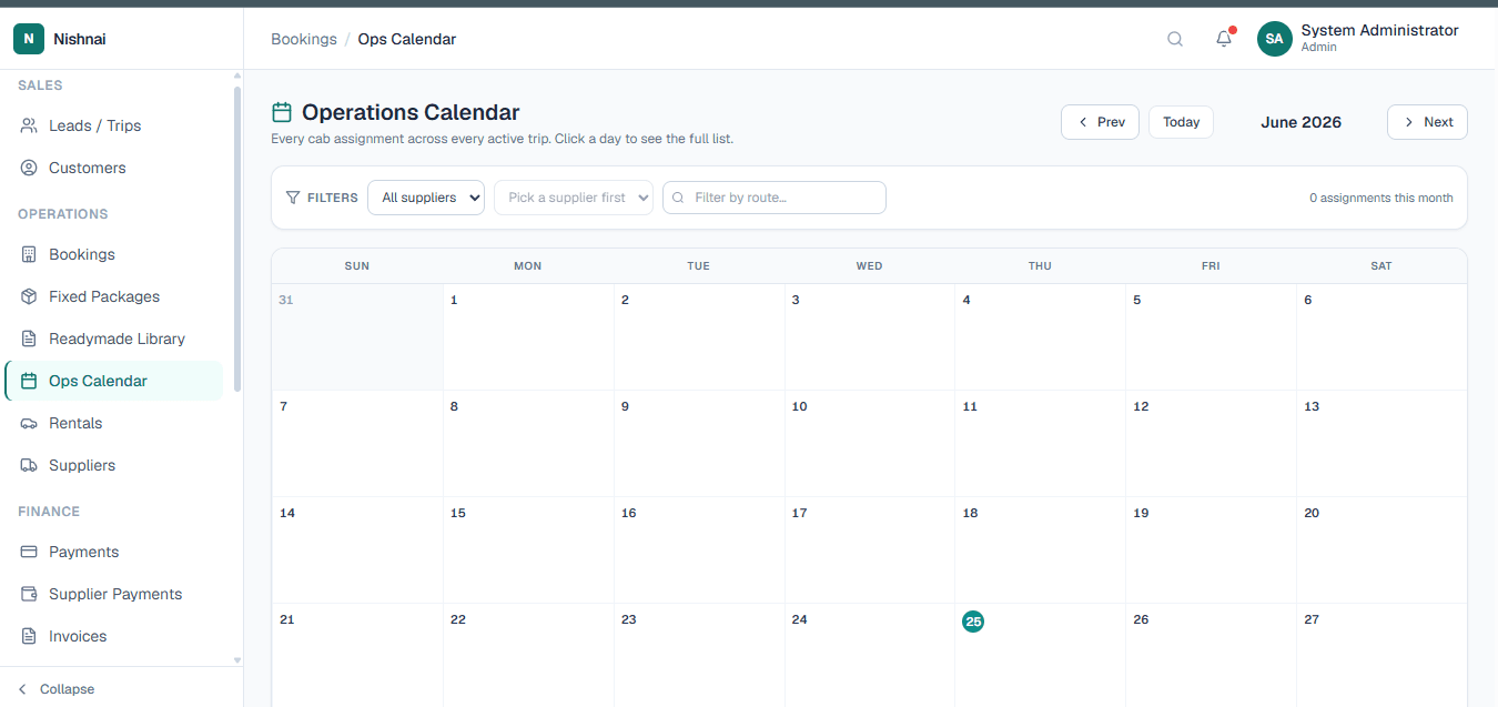 LuxuryOS Operations Calendar showing monthly view of cab assignments and departures