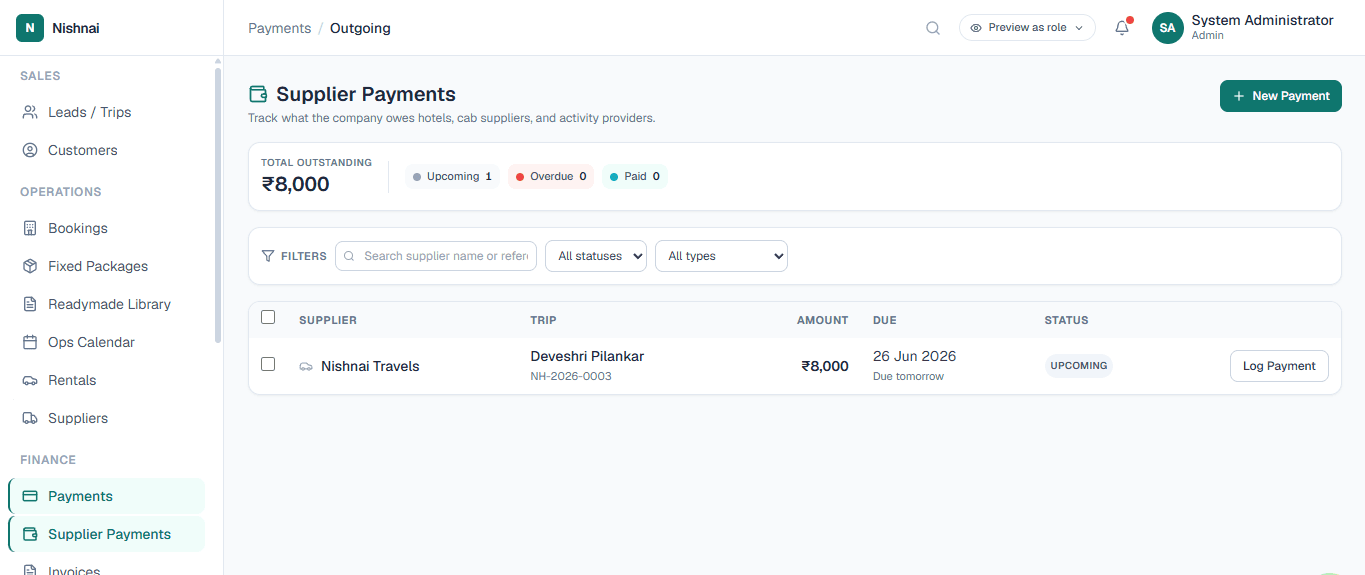 LuxuryOS Supplier Payments showing outgoing disbursements linked to bookings